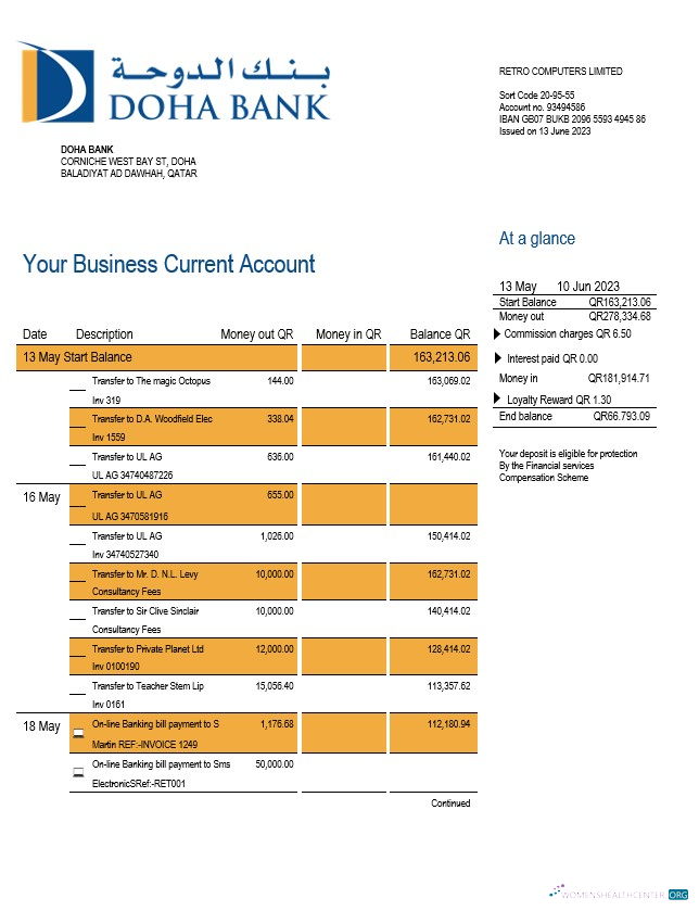 Download Doha Bank organization checking account statement Word and PDF template Photoshop template